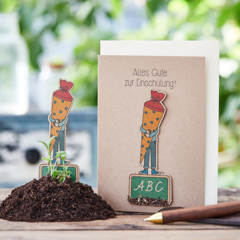Grußkarte „Alles Gute zur Einschulung“ – Saatgut-Saatstecker Natronkraftkarton — Die Stadtgärtner