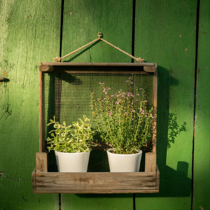 Schmales Gartenregal aus Zwiebelsieb – Vintage-Unikat mit Goldbeschlägen — Die Stadtgärtner