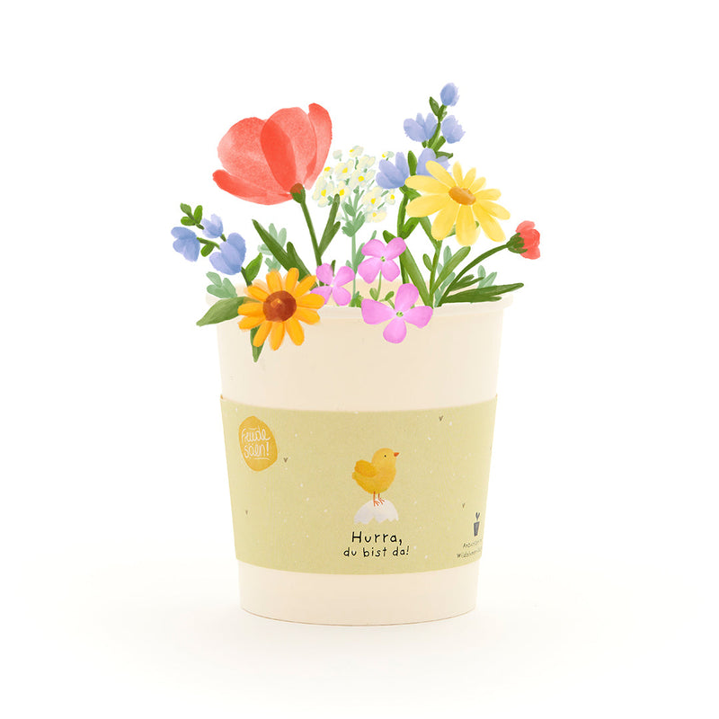 Hurra, du bist da – Wildblumen-Anzuchtset im Becher mit Küken-Motiv — Die Stadtgärtner