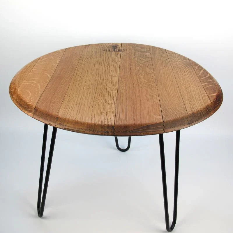 Coffee table Duero made from a wine barrel lid Ø54cm oak wood steel legs handmade — Handworkz