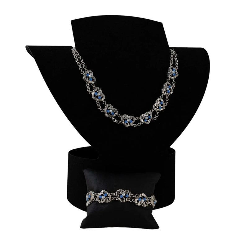 Double-strand heart necklace with pearls & rhinestones, 40 cm + 5 cm extension — I bin I Schmuck und Werk