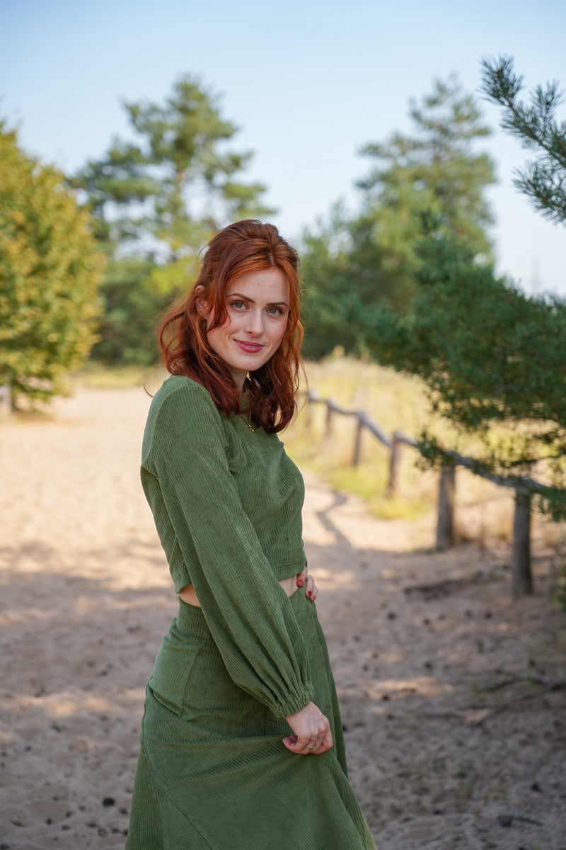 Marleen Crop Jumper olive – Corduroy Jumper waist-length Balloon Sleeves — Vivien Joy