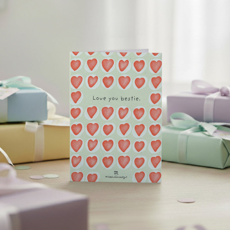 Grußkarte Love you bestie – Saatpapier mit Wildblumensamen — Die Stadtgärtner
