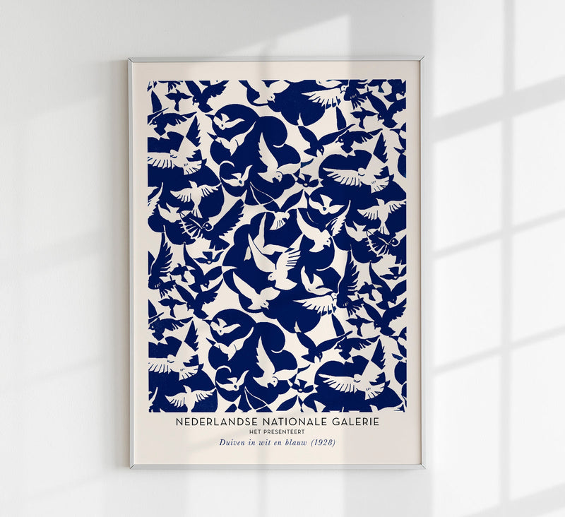Doves in White and Blue – Art Exhibition Poster | Fine Art Print — Patroa Studio