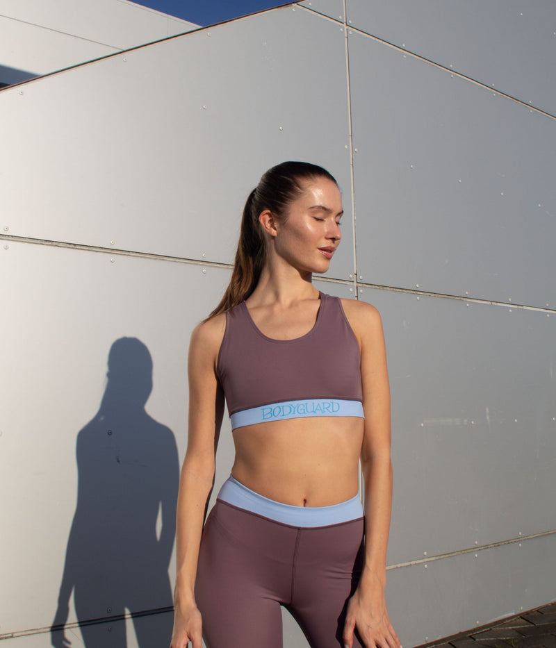 Sports Bra Lagonisi Purple Gray/Light Blue – Medium Support & Back Pocket — BODY Guard Activewear