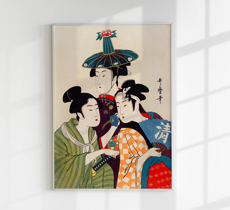 3 Geishas and a Blue Hat – Japanische Kunst Fine Art Print UV-beständig — Patroa Studio