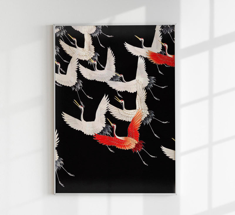 White Cranes and Red One Flying – Kimono Art Poster | Gallery Quality — Patroa Studio