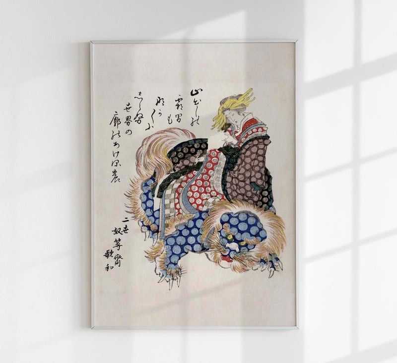 Woman Riding a Sishi by Totoya Hokkei – Fine Art Print Edo-Ästhetik — Patroa Studio