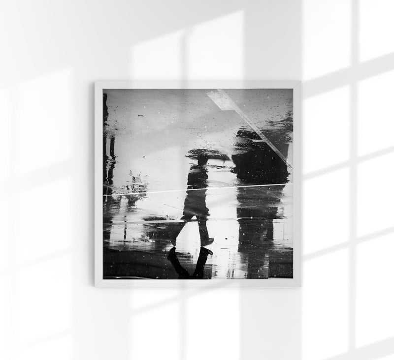 Man's reflection on a wet street Poster - Black and White Photography — Patroa Studio