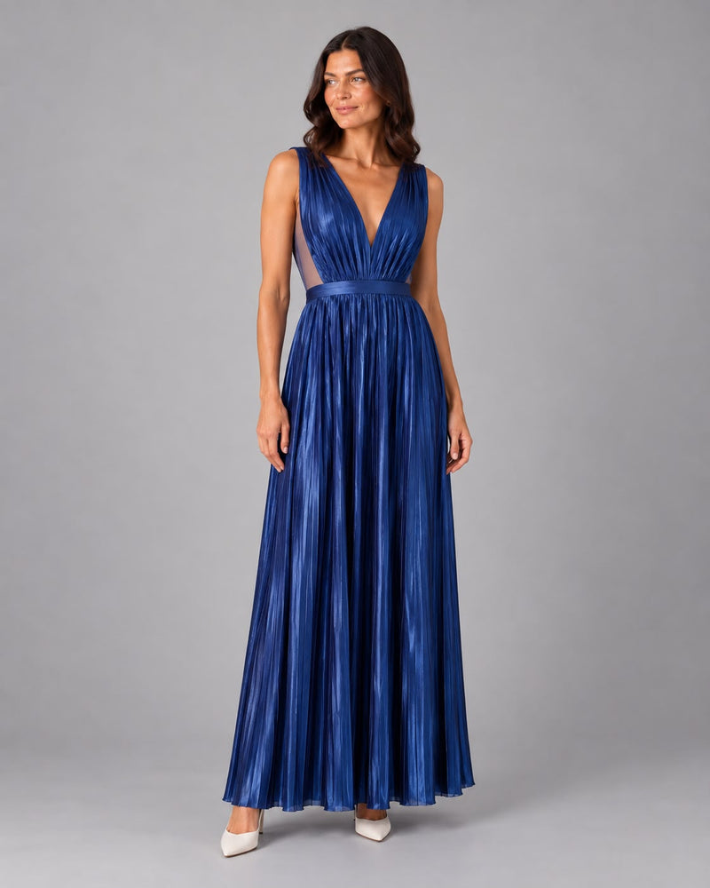 Maxi Dress Sustainable Fabric – Recycled Polyester, Pleated Look, Deep V-Neck — Aline CELI