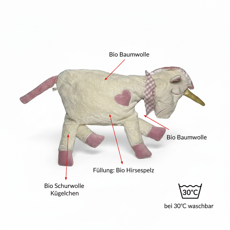Bio Kuscheltier Einhorn XXL – Hirsefüllung, handgefertigt — Pat & Patty