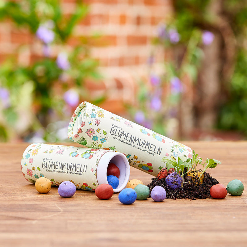 Dose mit 25 bunten Blumenmurmeln – Die Stadtgärtner — Die Stadtgärtner