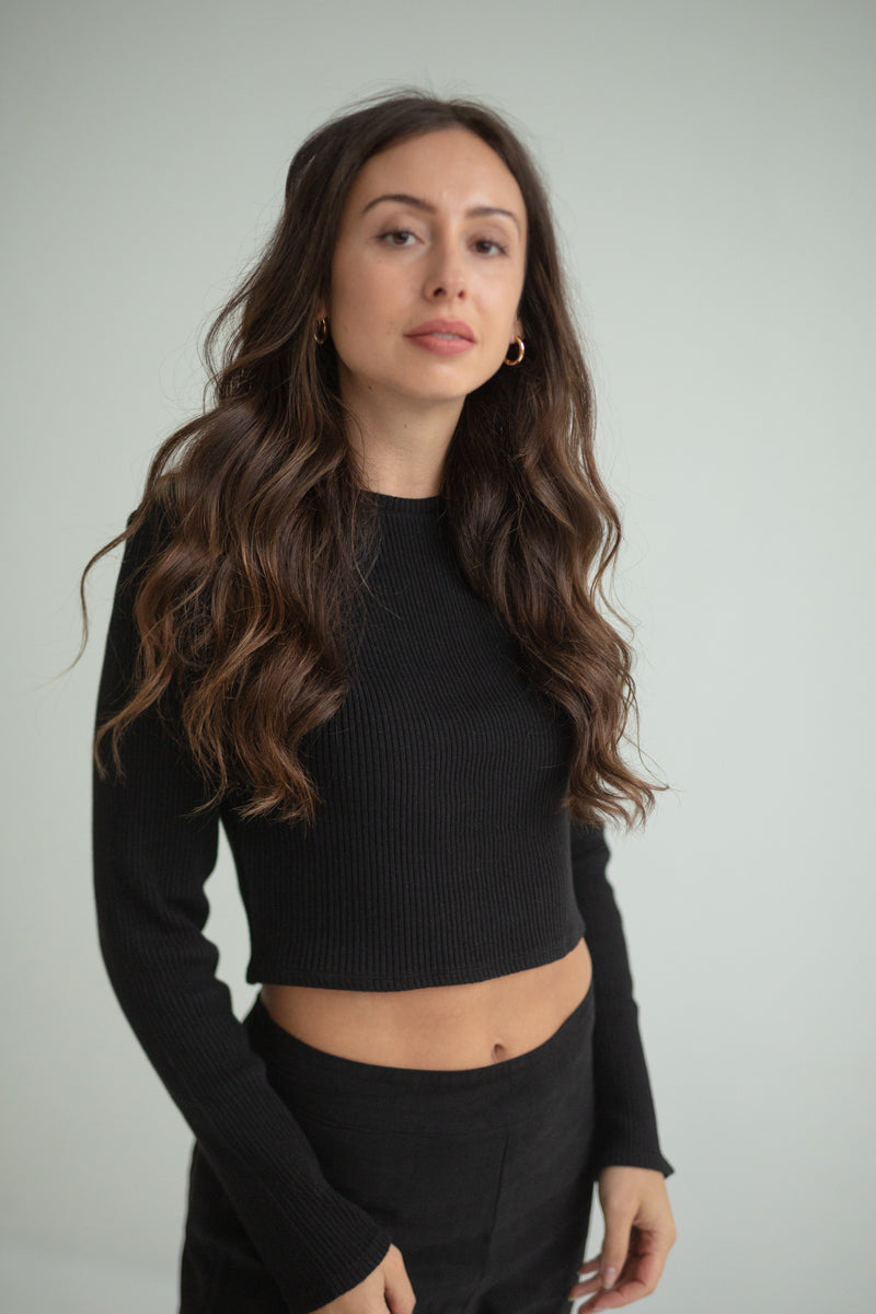 Long-Sleeve Crop Top ELLA Organic Cotton Black GOTS Certified — Marenika