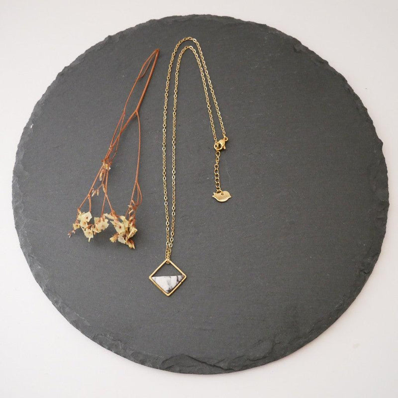 Necklace square half-filled grey-white marbled – Cold porcelain 18k gold-plated — Birdy Schmuck