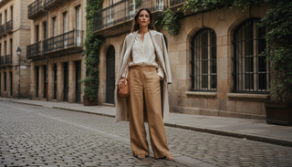 Eine Frau in einem hochwertigen Kleidungsstück aus Leinen steht vor einer europäischen Kulisse.