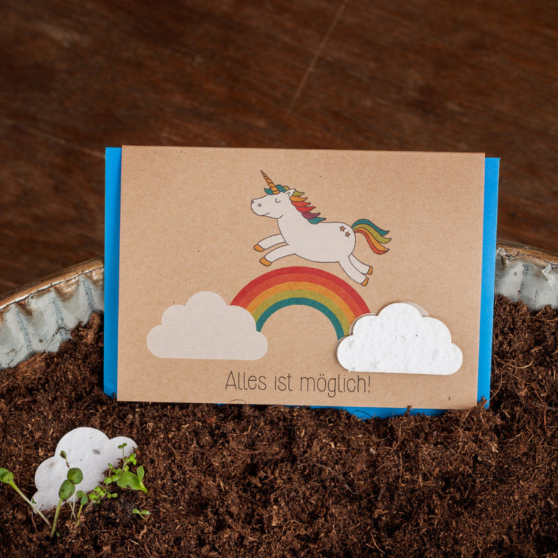 Grußkarte „Alles ist möglich“ – Einhorn & Regenbogen — Die Stadtgärtner