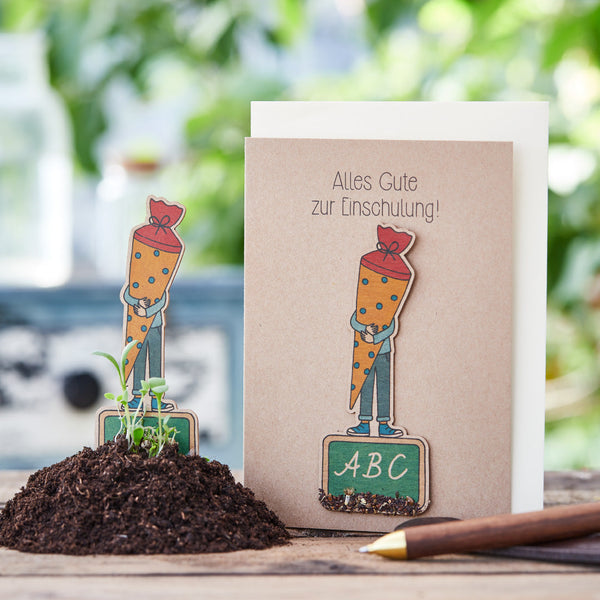 Grußkarte „Alles Gute zur Einschulung“ – Saatgut-Saatstecker Natronkraftkarton