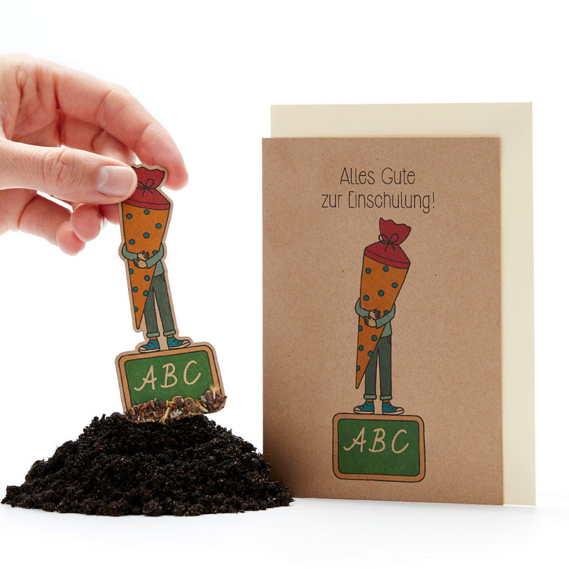 Grußkarte „Alles Gute zur Einschulung“ – Saatgut-Saatstecker Natronkraftkarton — Ansicht 2