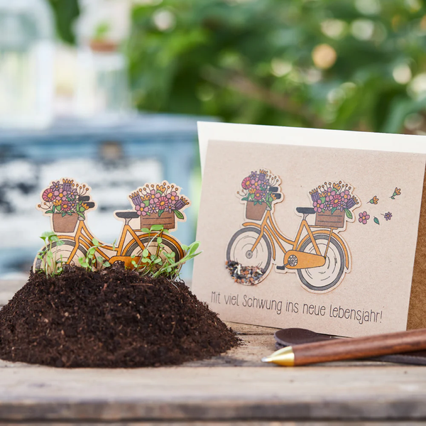 Geburtstagskarte „Fahrrad“ mit Saatstecker – Natronkraftkarton DIN A6