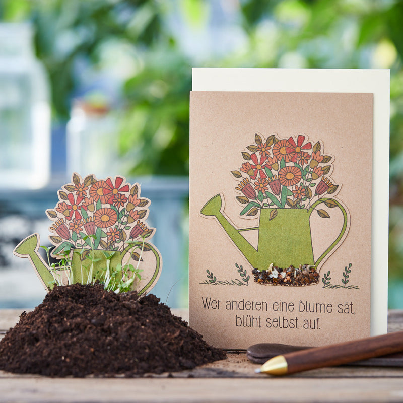 Grußkarte „Wer anderen eine Blume sät“ mit Saatstecker – Natronkraft DIN A6 — Die Stadtgärtner