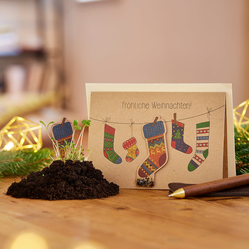 Weihnachtskarte „Socken“ – Saatstecker mit Wildblumensamen — Die Stadtgärtner