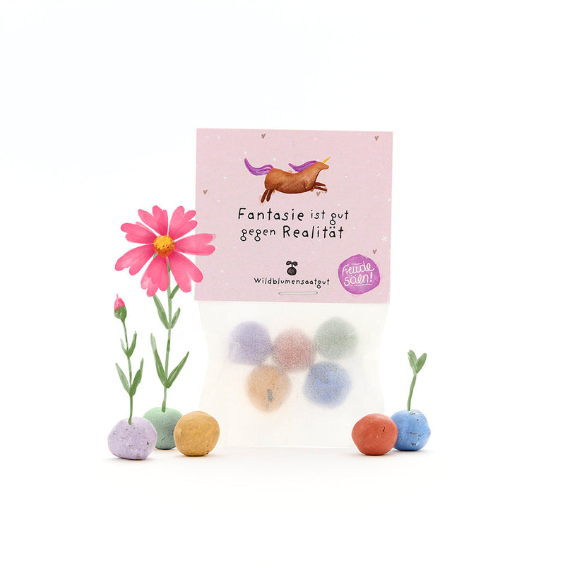 5 flower marbles in a bag "Fantasy is good against reality" — Die Stadtgärtner