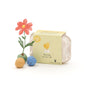6 colorful flower marbles in egg carton "Hooray, you're here"