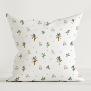 Leslis Elefanten und Palmen Dekokissen 40×40 cm aus OEKO‑Tex Baumwolle – majestätische Elefanten, schattige Palmen, hautfreundlich und langlebig
