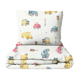 Kinderbettwäsche „Autos“ mit süßen Autos, Größen 135×200/80×80 & 100×135/40×60, Musselin oder Baumwoll‑Satin, OEKO‑Tex – fröhliche Fahrt in die Traumwelt
