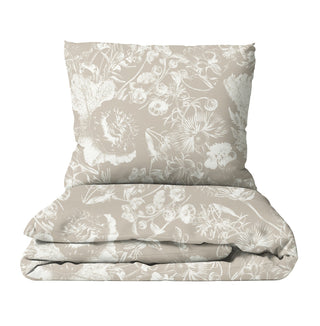 Bettwäsche mit beigen/weißen Boho‑Blumenmotiven, 100% Baumwolle (Musselin/Satin), OEKO‑TEX 100, mit Reißverschluss, ruhige natürliche Optik
