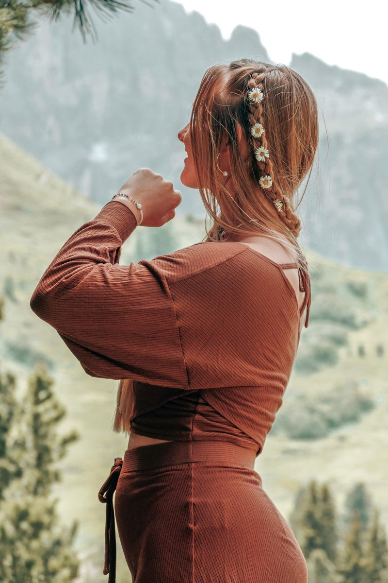FARRAH Crossed Crop Pullover Pecan - Balloon Sleeves, Lyocell — Ansicht 3