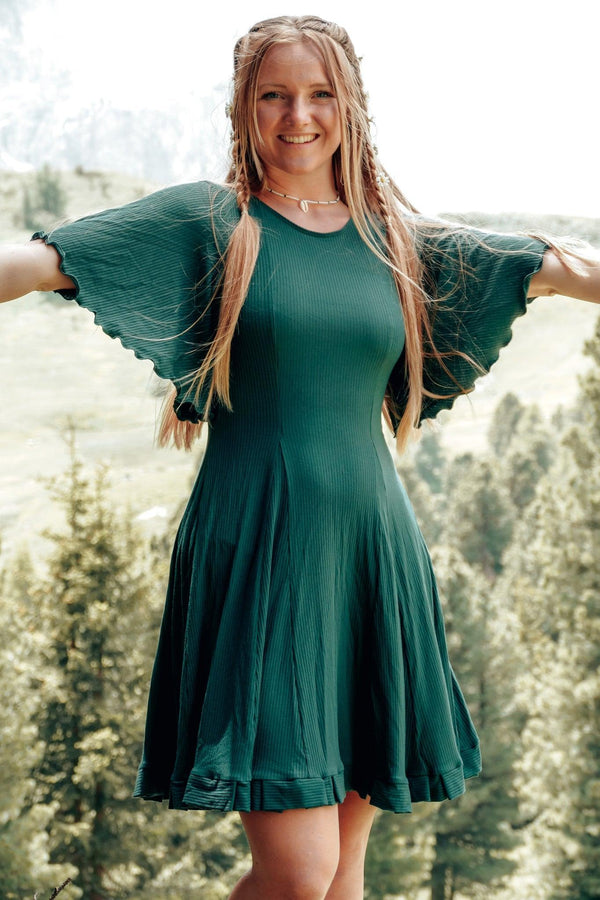 FARRAH Comfy Dress Deep Green – Fitted with Ruffle Hem & Bell Sleeves