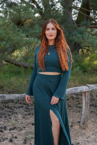 Lya long skirt bottle green – Flowing cut, elastic waistband, side slit — Ansicht 4