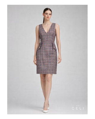 Tweed Bouclé Couture Kleid – 3D-Textur | V-Ausschnitt | Tailliert