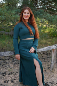 Lya long skirt bottle green – Flowing cut, elastic waistband, side slit — Ansicht 3