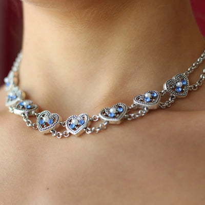 Double-strand heart necklace with pearls & rhinestones, 40 cm + 5 cm extension