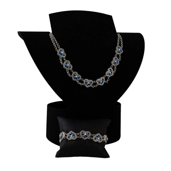 Double-strand heart necklace with pearls & rhinestones, 40 cm + 5 cm extension