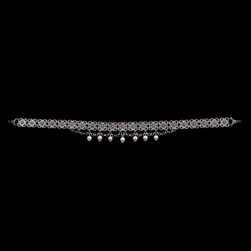 Choker Necklace Antique Silver with Rhinestone Elements & White Pearls | Adjustable 32–36.5 cm — I bin I Schmuck und Werk