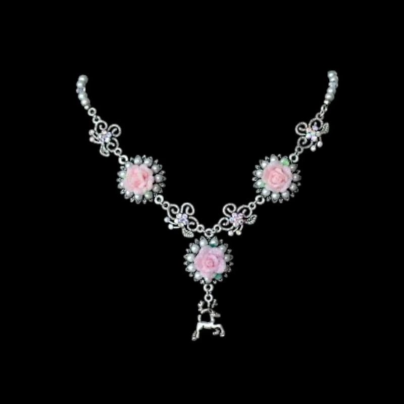 Traditional Necklace "Sweet as Sugar" | Rose, Rhinestone & Deer | 45 cm + 5 cm Extension — I bin I Schmuck und Werk