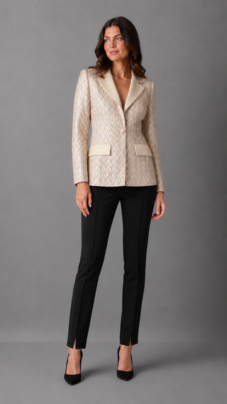 ALINE CELI COUTURE Brocade Blazer Gold Relief Satin Lapels Recycled