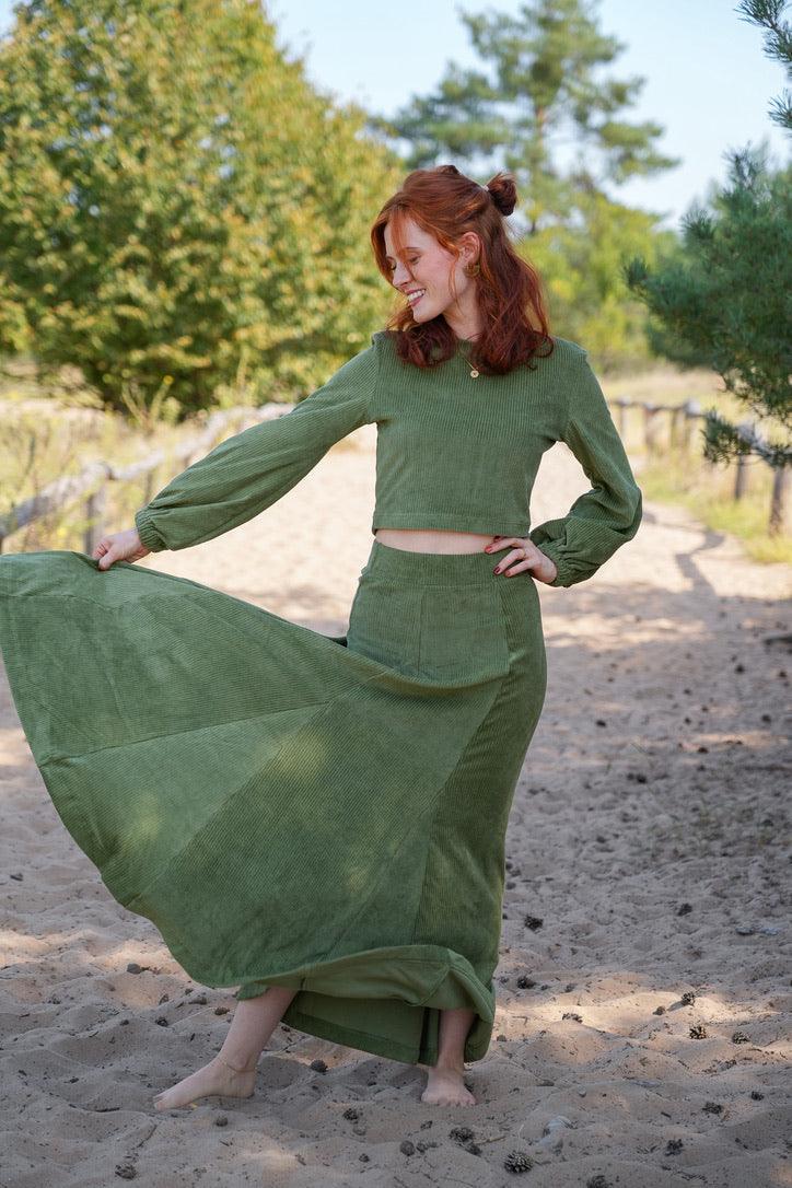 Marleen Rock olive – Elegant corduroy skirt with elastic waistband & godets — Ansicht 4