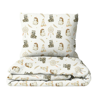 Leslis Igel & Waschbär Kinderbettwäsche aus OEKO‑Tex Baumwolle – handgemalte Waldfreunde, wählbar in Satin oder Musselin, hautfreundlich und langlebig
