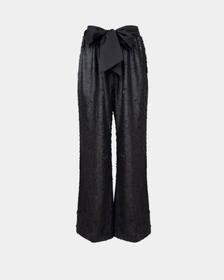 Schwarze Pailletten-Palazzo-Hose – Couture-Schleife | High Waist | Fließender Schnitt