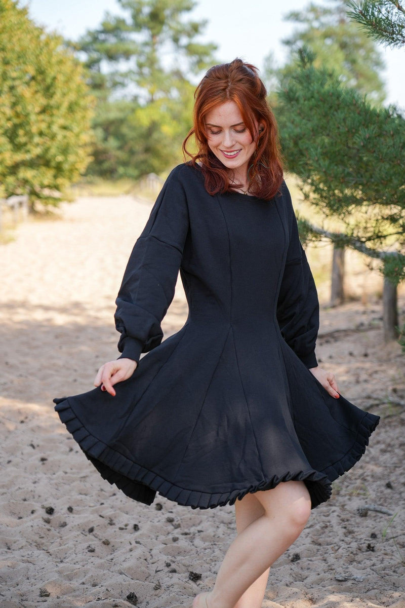 KAYLA Dress Black – Organic Cotton, Balloon Sleeves, Elegant & Casual — Ansicht 4