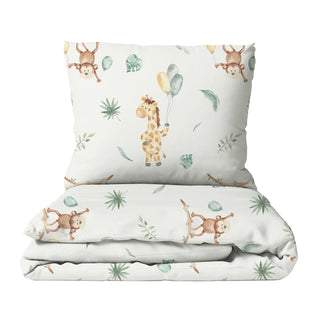 Leslis Affe und Giraffe Kinderbettwäsche aus OEKO‑Tex Baumwolle – handgemalte Dschungeltiere, weicher Stoff, hautfreundlich und nachhaltig produziert
