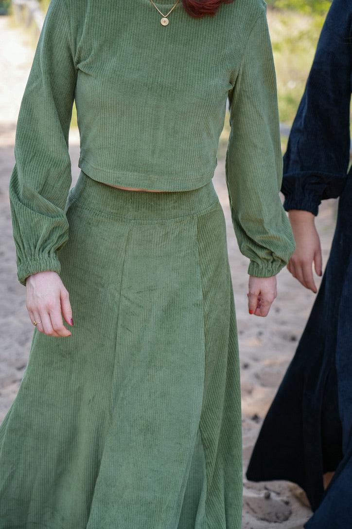 Marleen Rock olive – Elegant corduroy skirt with elastic waistband & godets — Ansicht 8