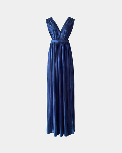 Maxi Dress Sustainable Fabric – Recycled Polyester, Pleated Look, Deep V-Neck