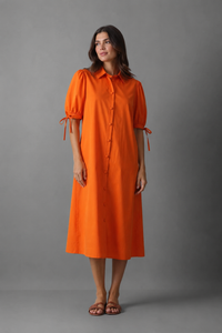 A-Line Leinenkleid Orange – 100 % Leinen, Knopfleiste, verstellbare Puffärmel — Ansicht 1