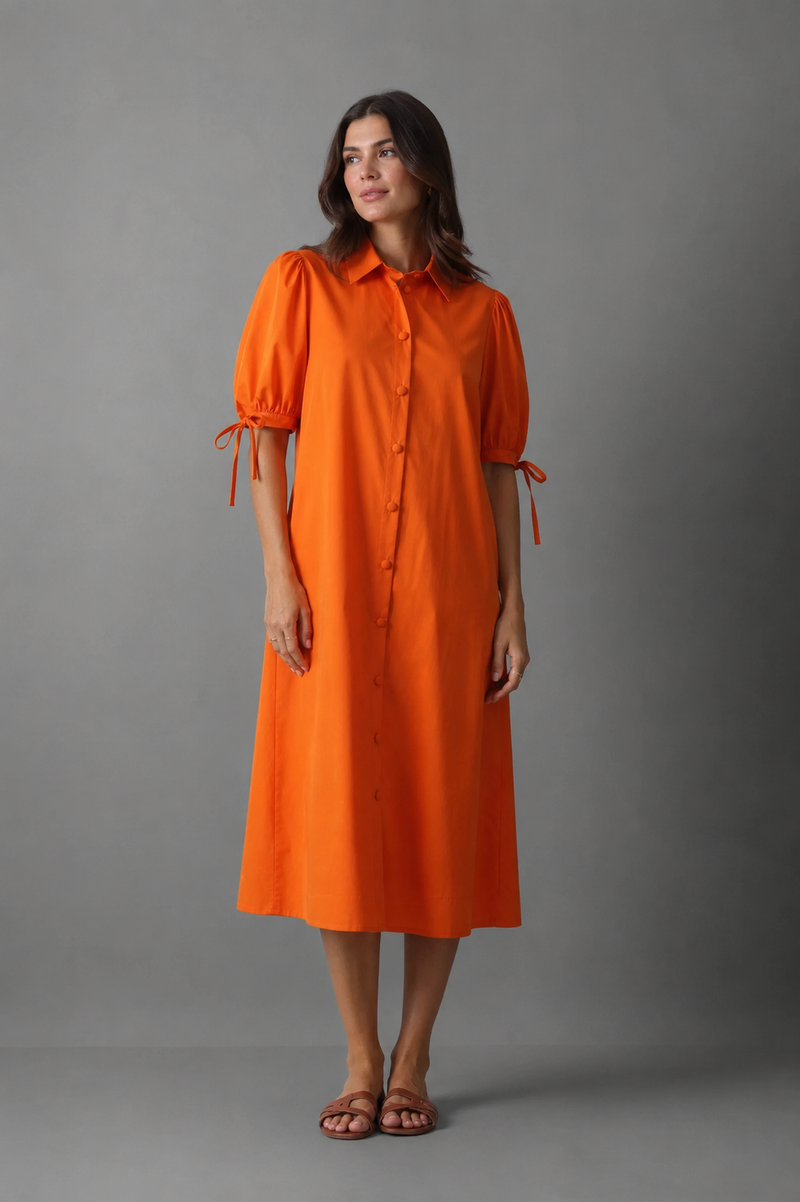 A-Line Leinenkleid Orange – 100 % Leinen, Knopfleiste, verstellbare Puffärmel — Ansicht 1