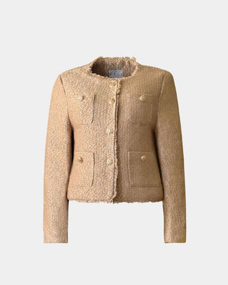 ALINE CELI COUTURE Damenjacke – Metallischer Jacquard | Braun-Gold | Goldknöpfe